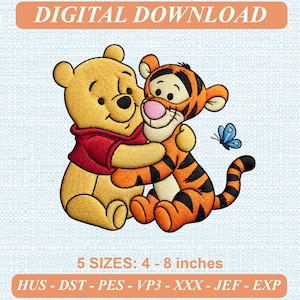 May include: An embroidery design featuring a yellow bear in a red shirt hugging an orange tiger with black stripes. A small blue butterfly is nearby. Text reads: DIGITAL DOWNLOAD, 5 SIZES: 4 - 8 inches, HUS - DST - PES - VP3 - XXX - JEF - EXP.