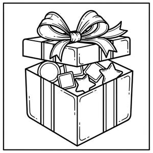 May include: Black and white line art illustration of an open gift box with a large bow on top. The box is filled with various shapes, including circles, squares, and stars. The box is decorated with vertical stripes.