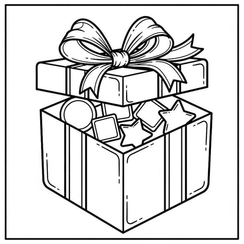 May include: Black and white line art illustration of an open gift box with a large bow on top. The box is filled with various shapes, including circles, squares, and stars. The box is decorated with vertical stripes.