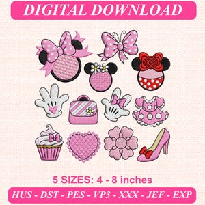 Pinkfarbenes Minnie-Mouse-Stickmuster-Set (Digitaler Download)