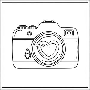 May include: A black and white line drawing of a camera with a heart shape in the lens. The camera has buttons and dials on top, a flash, and a strap attachment. The design is simple and graphic.