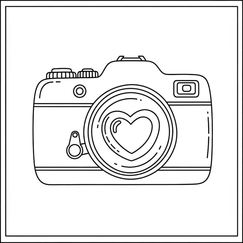 May include: A black and white line drawing of a camera with a heart shape in the lens. The camera has buttons and dials on top, a flash, and a strap attachment. The design is simple and graphic.