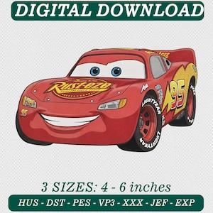 May include: A red race car graphic with blue eyes, a wide smile, and the number 95 on the side. The text reads DIGITAL DOWNLOAD, 3 SIZES: 4 - 6 inches, and HUS - DST - PES - VP3 - XXX - JEF - EXP. The car features Rust-eze branding on the hood.