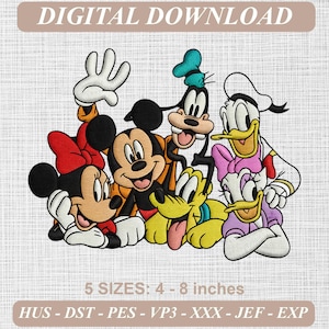 Puede incluir: Un diseño de bordado con Mickey Mouse, Minnie Mouse, Goofy, Pluto, Donald Duck y Daisy Duck. El texto dice DIGITAL DOWNLOAD, 5 SIZES: 10 - 20 cm, y HUS - DST - PES - VP3 - XXX - JEF - EXP. Los personajes están representados en colores.