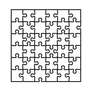 May include: Black and white illustration of a 49-piece jigsaw puzzle. The puzzle pieces are interlocking, forming a square shape with a black outline. The image is a simple, graphic representation of a puzzle.
