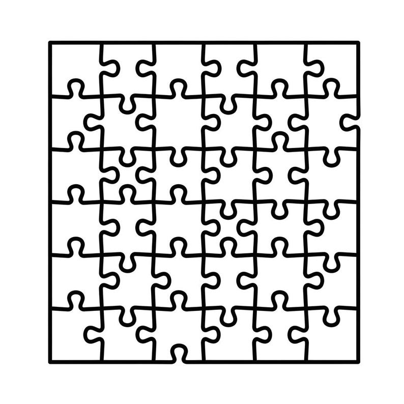 May include: Black and white illustration of a 49-piece jigsaw puzzle. The puzzle pieces are interlocking, forming a square shape with a black outline. The image is a simple, graphic representation of a puzzle.
