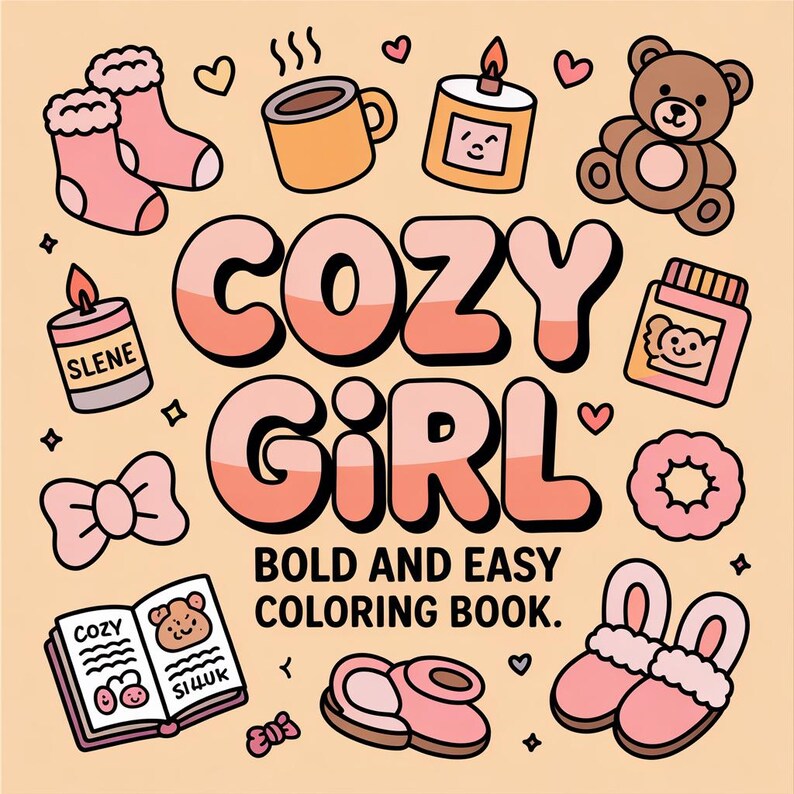 以下が含まれることがあります： 「COZY GIRL」の文字が大きく描かれた、気まぐれなイラスト。靴下、マグカップ、キャンドル、テディベア、塗り絵など、居心地の良いアイテムが描かれています。「BOLD AND EASY COLORING BOOK」と書かれています。