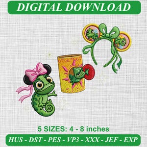 May include: Digital download embroidery design featuring a green chameleon with a pink bow, a yellow mug with a sun motif and a chameleon, and a green headband with ears and bows. Text includes DIGITAL DOWNLOAD and 5 SIZES: 4 - 8 inches.