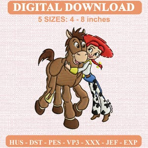 May include: Digital download embroidery design featuring a brown horse being hugged by a character with red hair, a white shirt, and cow-print pants. Text reads: DIGITAL DOWNLOAD, 5 SIZES: 4 - 8 inches, HUS - DST - PES - VP3 - XXX - JEF - EXP.