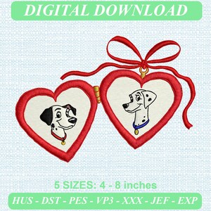 May include: An embroidery design featuring two heart-shaped frames connected by a red ribbon bow. Each heart contains a white center with a black and white dalmatian dog illustration. Text reads DIGITAL DOWNLOAD and 5 SIZES: 4 - 8 inches.