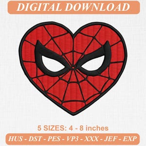 May include: A digital download embroidery design featuring a red heart shape with a black spiderweb pattern and two black eye-shaped cutouts. The text reads DIGITAL DOWNLOAD and 5 SIZES: 4 - 8 inches, followed by file formats HUS, DST, PES, VP3, XXX, JEF, EXP.