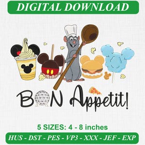 May include: A digital embroidery design featuring a grey rat wearing a white chef hat and holding a wooden spoon, surrounded by a soft serve cup, a candy apple, a burger, and blue cotton candy, with the text "BON Appetit!" and file formats.