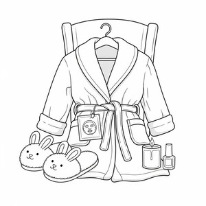 以下が含まれることがあります： スパの日のセットアップの白黒イラスト。白いバスローブがハンガーに掛けられ、ウサギのスリッパ、フェイスマスク、キャンドル、マニキュアが描かれています。バスローブにはベルトとポケットが付いています。