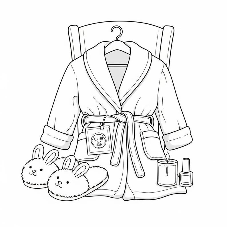 以下が含まれることがあります： スパの日のセットアップの白黒イラスト。白いバスローブがハンガーに掛けられ、ウサギのスリッパ、フェイスマスク、キャンドル、マニキュアが描かれています。バスローブにはベルトとポケットが付いています。