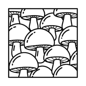 May include: Black and white illustration of a repeating pattern of mushrooms. The mushrooms have rounded caps and thick stems, with detailed gills visible underneath the caps. The design is enclosed within a square frame.