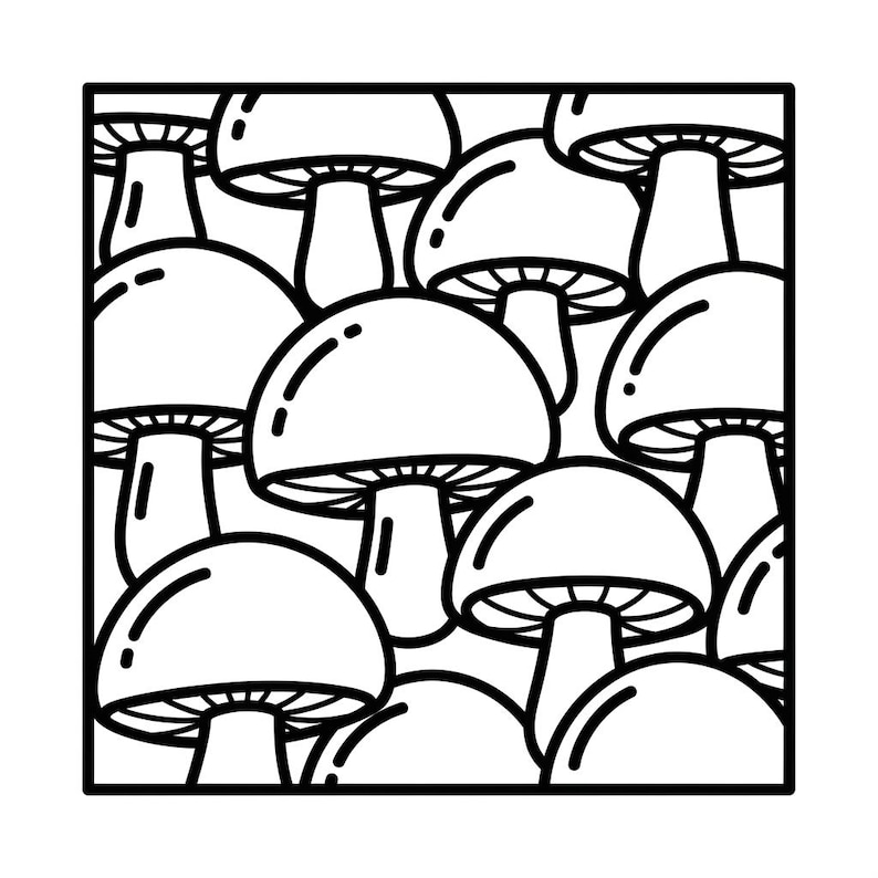 May include: Black and white illustration of a repeating pattern of mushrooms. The mushrooms have rounded caps and thick stems, with detailed gills visible underneath the caps. The design is enclosed within a square frame.
