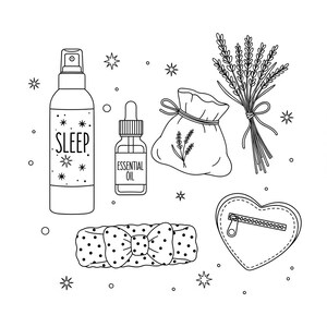 以下が含まれることがあります： 睡眠に関連するアイテムの線画イラスト。 「SLEEP」の文字が入ったスプレーボトル、エッセンシャルオイルのボトル、ラベンダーのサシェ、ラベンダーの束、水玉模様のヘアバンド、ハート型のジッパー付きポーチが含まれています。