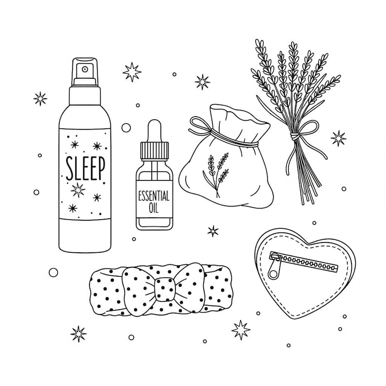 以下が含まれることがあります： 睡眠に関連するアイテムの線画イラスト。 「SLEEP」の文字が入ったスプレーボトル、エッセンシャルオイルのボトル、ラベンダーのサシェ、ラベンダーの束、水玉模様のヘアバンド、ハート型のジッパー付きポーチが含まれています。