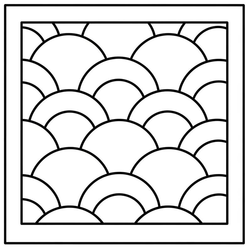 May include: Black and white geometric design featuring a repeating pattern of semi-circles within a square frame. The design is symmetrical and creates a visually appealing, abstract aesthetic. The artwork is suitable for various applications.