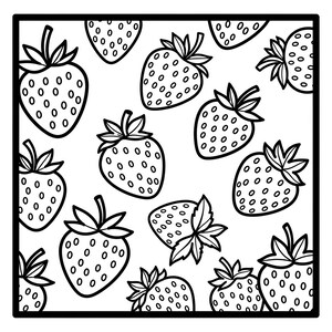 May include: Black and white illustration of strawberries. The image features a repeating pattern of strawberries with green leaves and stems. The strawberries are outlined in black with small black dots.