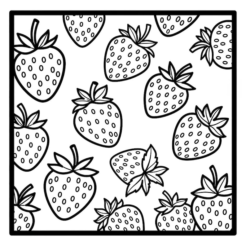 May include: Black and white illustration of strawberries. The image features a repeating pattern of strawberries with green leaves and stems. The strawberries are outlined in black with small black dots.