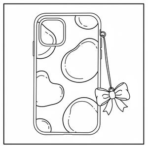 May include: Black and white phone case with a cow print design. The case has a bow charm attached to it. The case is rectangular with rounded corners and a camera cutout.