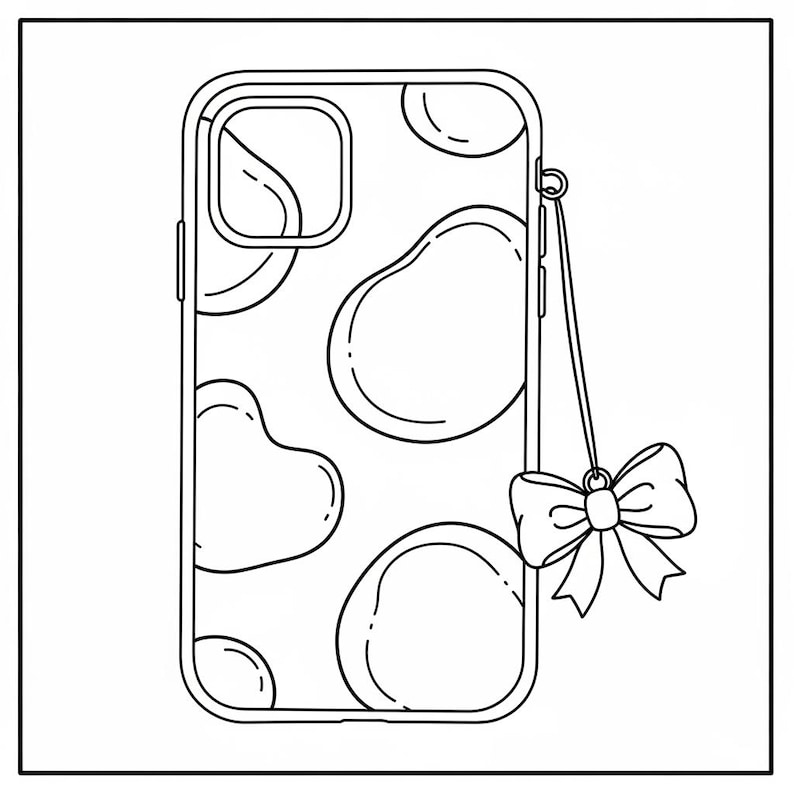 May include: Black and white phone case with a cow print design. The case has a bow charm attached to it. The case is rectangular with rounded corners and a camera cutout.