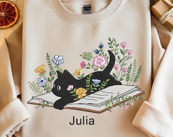 Custom Name Floral Cat Embroidery Design, Floral Cat Book Embroidery Design, Floral Books Teacher Embroidery, Just One More Chapter Designs.