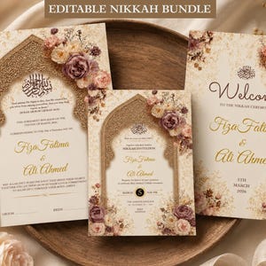 Puede incluir: Un paquete Nikkah editable que incluye tres tarjetas de papelería de boda con fondos crema, marcos de arco dorados y detalles florales en tonos rosa y marrón. El texto incluye los nombres Fiza Fatima y Ali Ahmed con los detalles.