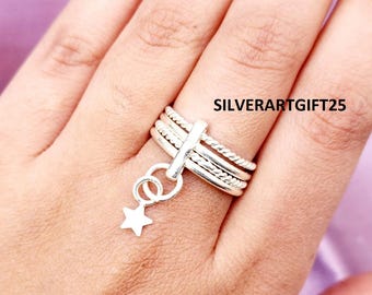 Sterling Silver Star Charm Ring, Twisted Rope Band, Boho Celestial Jewelry