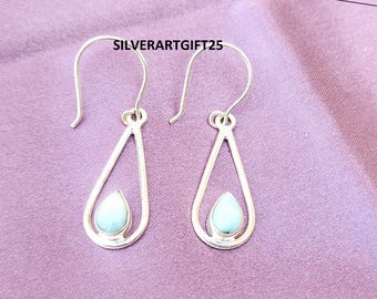 Larimar Gemstone Sterling Silver Dangle Earrings, Boho Style