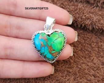 Handmade Green Turquoise Heart Pendant, 925 Sterling Silver, Boho Hippie