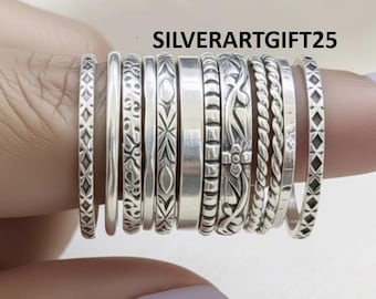 Boho Sterling Silver Stacking Ring Set, Handmade Dotted Rings, Set of 12