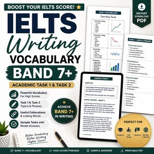 Vocabulario de escritura IELTS Banda 7+ Académico Tarea 1 Tarea 2 Lista de palabras con ejemplos de respuestas Frases y colocaciones para ensayos PDF Preparación para IELTS