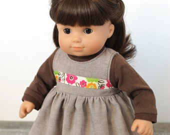 Brown Chambray Doll Jumper with Brown Knit Shirt, 2 Piece Outfit, Fits Bitty Baby or Twin, 14 15 or 16 inch Baby Doll