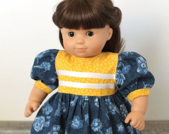 Denim Flowered Baby Doll Dress, Yellow & Blue, Birthday Party Gift, Fits Bitty Twin and 14, 15, or 16 inch Baby Dolls, Free US Shipping