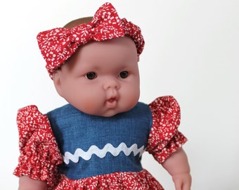 Red & Blue Baby Doll Dress, 2 Piece Gift Set with Dress and Bow Headband, Short Sleeved Dress, Fits 12 to 13 inch Baby Doll