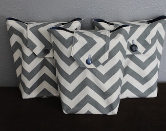 Chevron Reusable Gift Bags in Charcoal Gray, White, and Navy Blue, Modern (Set of 3), Gift Wrap Alternative, Hostess Gift, Free US Shipping