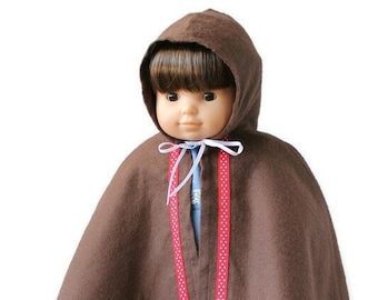 Chocolate Brown Flannel Doll Cloak, Hooded Cloak, Retro, Fits Bitty Twin or 14 to 16 inch Baby Dolls, Free US Shipping