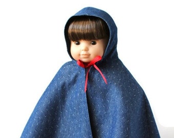 Blue Denim Doll Cloak, Hooded Cloak, Retro, Fits Bitty Twin or 14 to 16 inch Baby Dolls, Free US Shipping