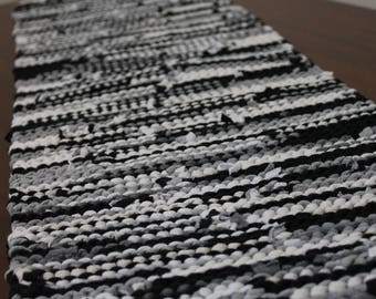 Black, Gray, & White Table Runner, Artisan Knitted from Upcycled TShirts 12x36 inches