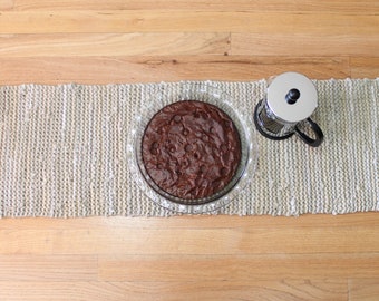 Tan & Cream Table Runner, Variegated Neutrals, Knitted from Upcycled TShirts, 12 by 36 inches