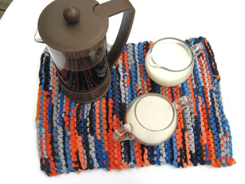 Knitted Placemats Upcycled T Shirts Navy Blue Orange Etsy