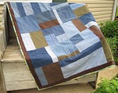Baby Girl Quilt, Denim, Modern Retro Prints, Olive, Lime Green, Turquoise, Aqua, Brown, Crib or Toddler Size, 40x59 in- US Shipping Included