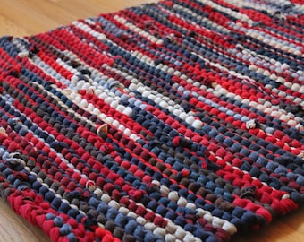 Americana Rag Rug, Hand-knitted from Upcycled T Shirts, Red, Navy Blue, & Cream, 24x36 inches