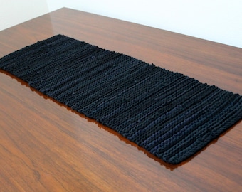 Black Knitted Table Runne 12 by 36 inches, Upcycled T-Shirt Yarn, Modern Rustic Farmhouse
