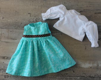 Handmade Aqua Doll Jumper Set, White Blouse, Fits 12-13 inch Dolls