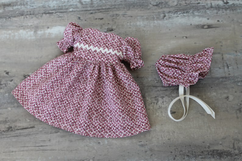Pink Calico Baby Doll Dress, 2 Piece Set with Dress and Bonnet, Fits 12 to 13 inch Baby Doll image 1