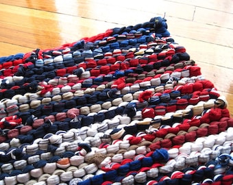 Nautical Rag Rug, Utility Rug, Laundry, Workshop, Upcycled T Shirts, Farmhouse, Red White & Blue, Rectangle, 22x34 in --US Shipping Included