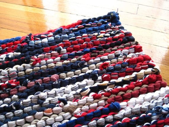 Nautical Rag Rug, Utility Rug, Laundry, Workshop, Upcycled T Shirts,  Farmhouse, Red White & Blue, Rectangle, 22x34 in US Shipping Included 